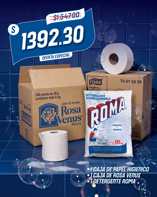 Paquete Promocional 2: Papel Higiénico, Jabón Rosa Venus y Detergente Roma
