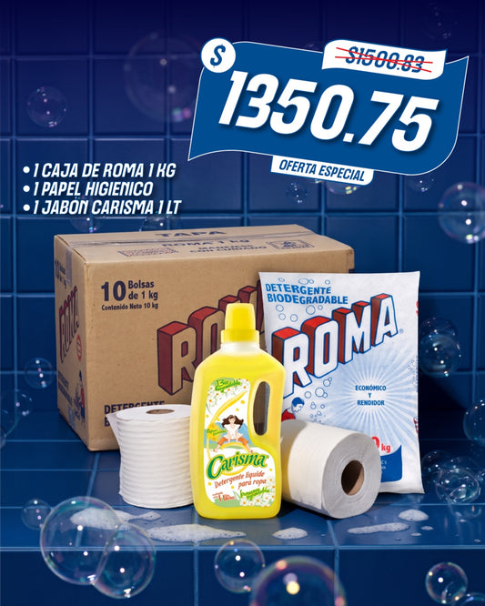Paquete Promocional de Limpieza: Roma 1 kg, Papel Higiénico y Jabón Carisma 1 L